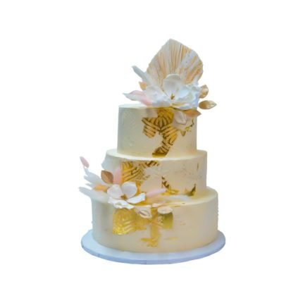3 Tier White and Gold Wedding Cake